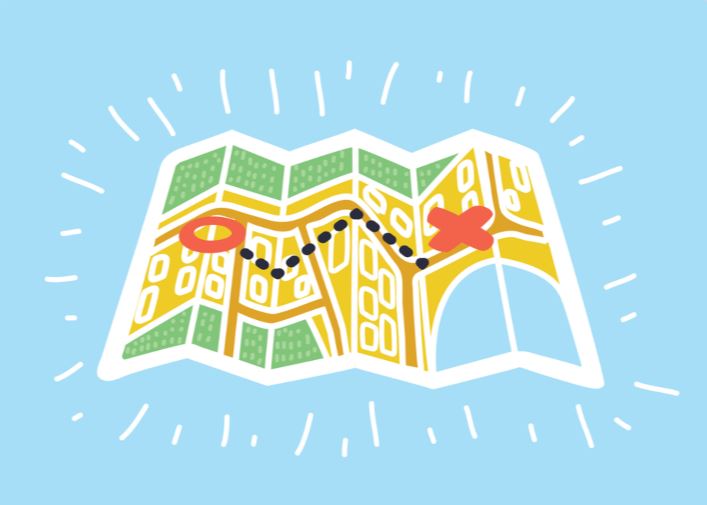 a brightly coloured cartoon map with a large red X