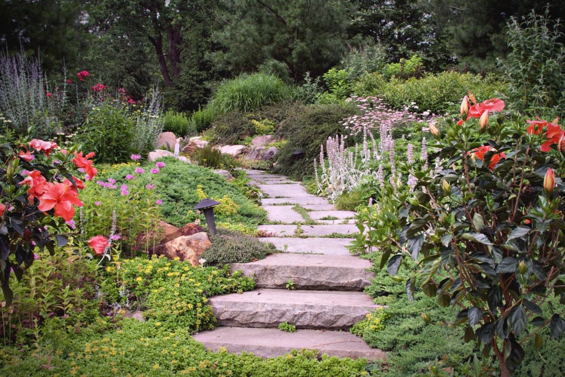 stone steps and a paved path lead through mossy flower beds