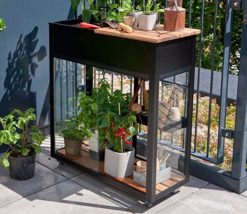 40 Garden Shed Ideas for Pretty to Practical Outdoor Buildings 25 a balcony green house made from black metal and glass, with healthy plants inside
