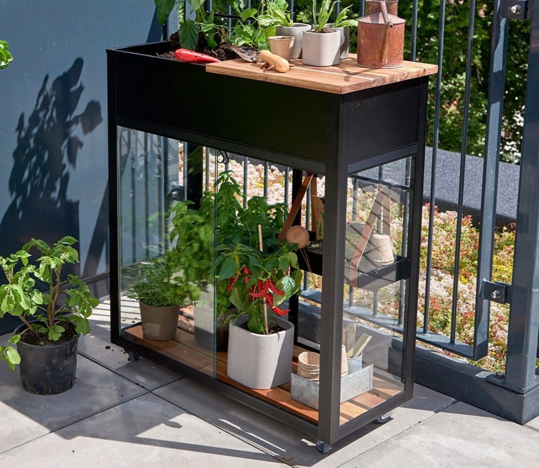 a balcony green house made from black metal and glass, with healthy plants inside