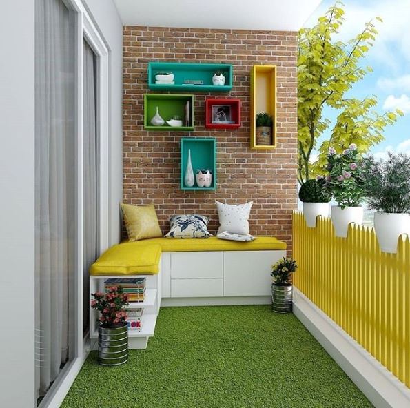 a fun balcony with bright yellow fencing, a contemporary white bench seat and artificial grass on the floor