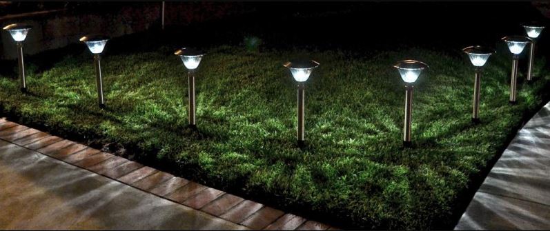 a row of solar lawn lights staked into the ground next to a concrete path