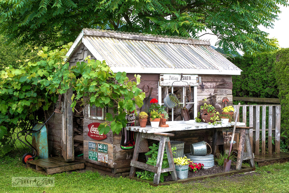 23 Cool Garden Man Cave Ideas to Pimp Your Outdoor Shed 16 a rustic shed with workbench potting area outside and vintage signs as exterior decor