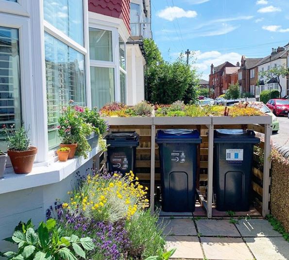 Bin Storage Ideas: How to Hide Your Wheelie Bins and Conceal Your Compost 4 a simple DIY bin cover with a green roof, made from succulents