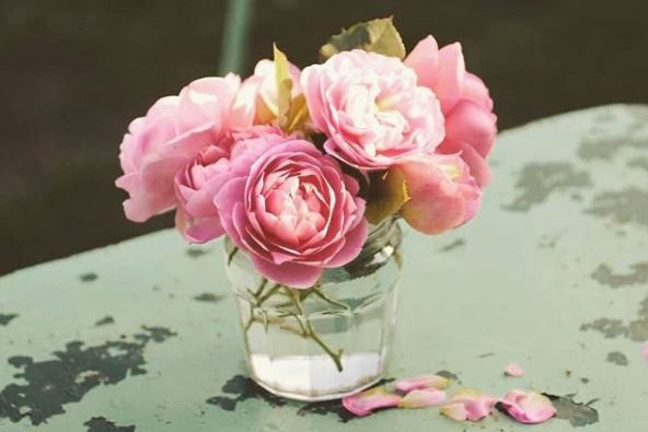 a small vase of freshly cut Boscobel roses, on a weathered tabletop