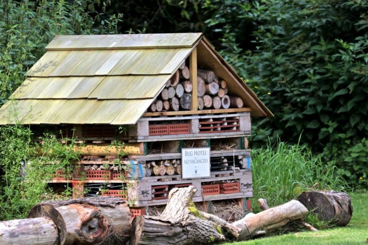 a huge garden insect habitat made from old pallets and garden materials