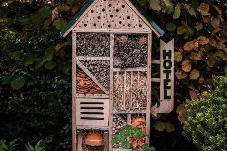 garden bug hotel ideas - a small insect hotel with a little hotel sign on the side