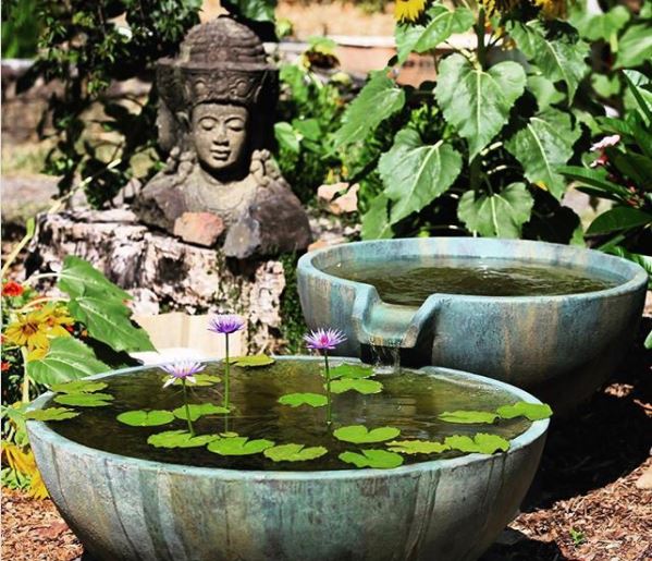 15 Grass Free Garden Ideas: Stunning Low Maintenance Yards 15 one large zen water bowl pouring into another, next to a small sculpture of buddha