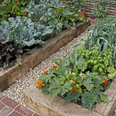 a raised planter made from reclaimed railway sleepers filled with edible plants
