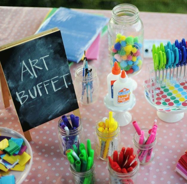 kids garden party ideas art buffet crafting table