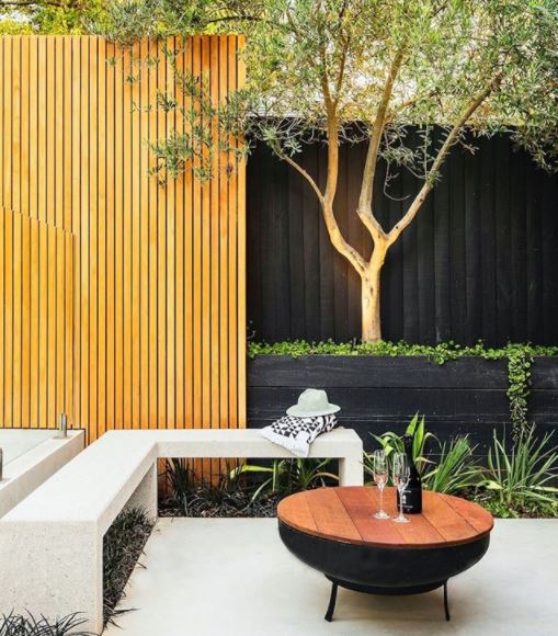 Japanese garden ideas using stone and wood in grey, tan and black