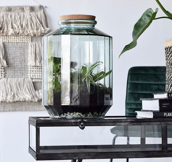 a large jar with angled edges filled with soil and plants