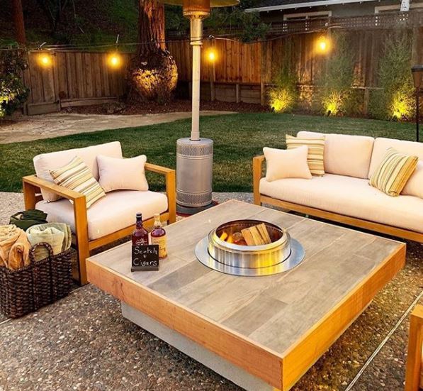 outdoor patio area with fire pit and patio heater