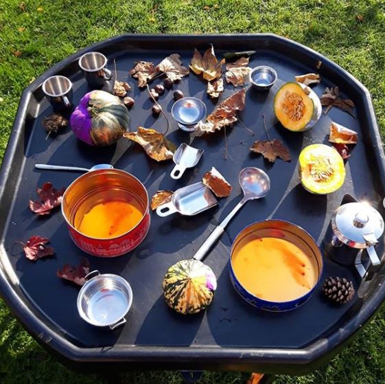 a large tray filled with containers, collections of leaves and small squash vegetables for a child to make pretend soup