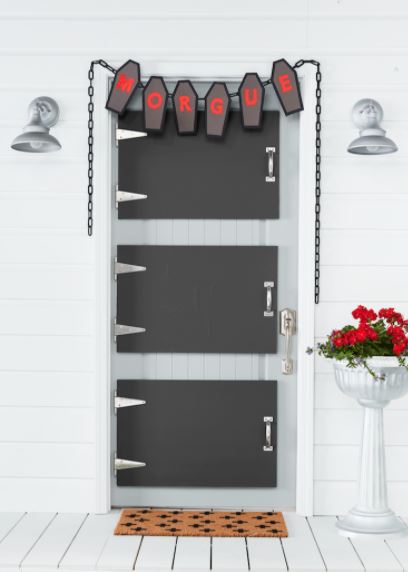 22 Halloween Garden Ideas: Fun & Low-cost Spooky Decorations 8 a front door with crafted panels to make it look like mortuary storage