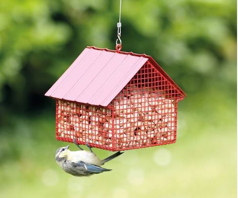 a small bird pecks at a metal bird-feeder