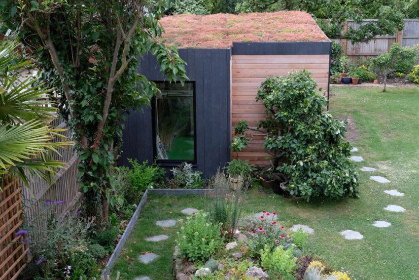 Modern Sustainability: Green Roof Ideas and Tips 1 stepping stones lead to a shed with a sedum roof