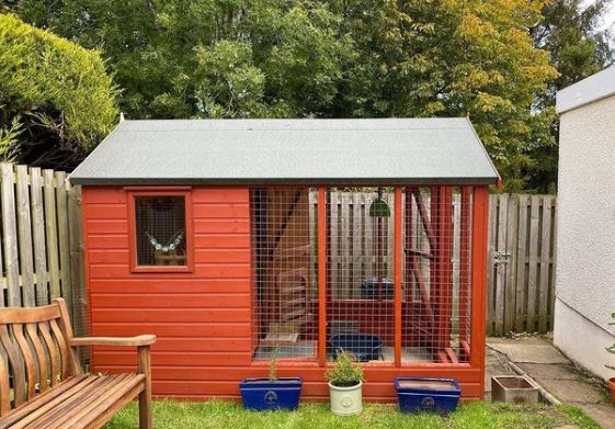 an orange shed that has been modified into a rabbit or guinea pig house