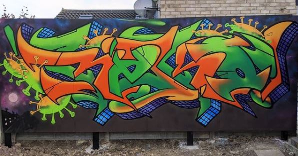 29 Unique Garden Mural Ideas for Outdoor Walls & Fences 12 a large graffiti tag in green and orange on a garden fence