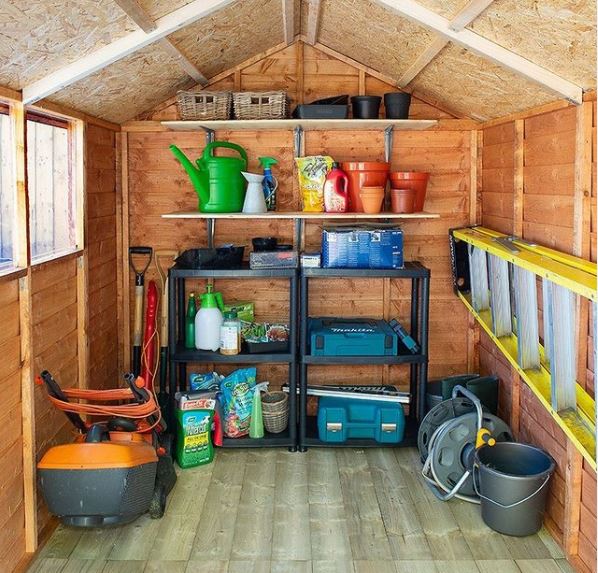 14 Garden Tool Storage Ideas: Keeping Your Shed Ship-Shape 2 a tidy shed with organised shelves on the rear wall