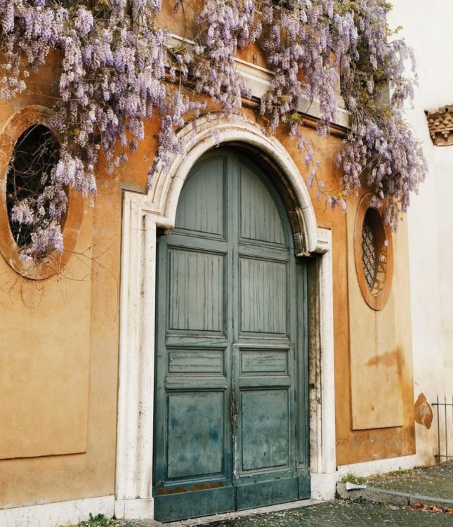 Wisteria Hysteria: Growing an Instagram-Worthy Garden 12 a dark teal door in a muted orange wall is the background for a beautiful overhanging wisteria plant