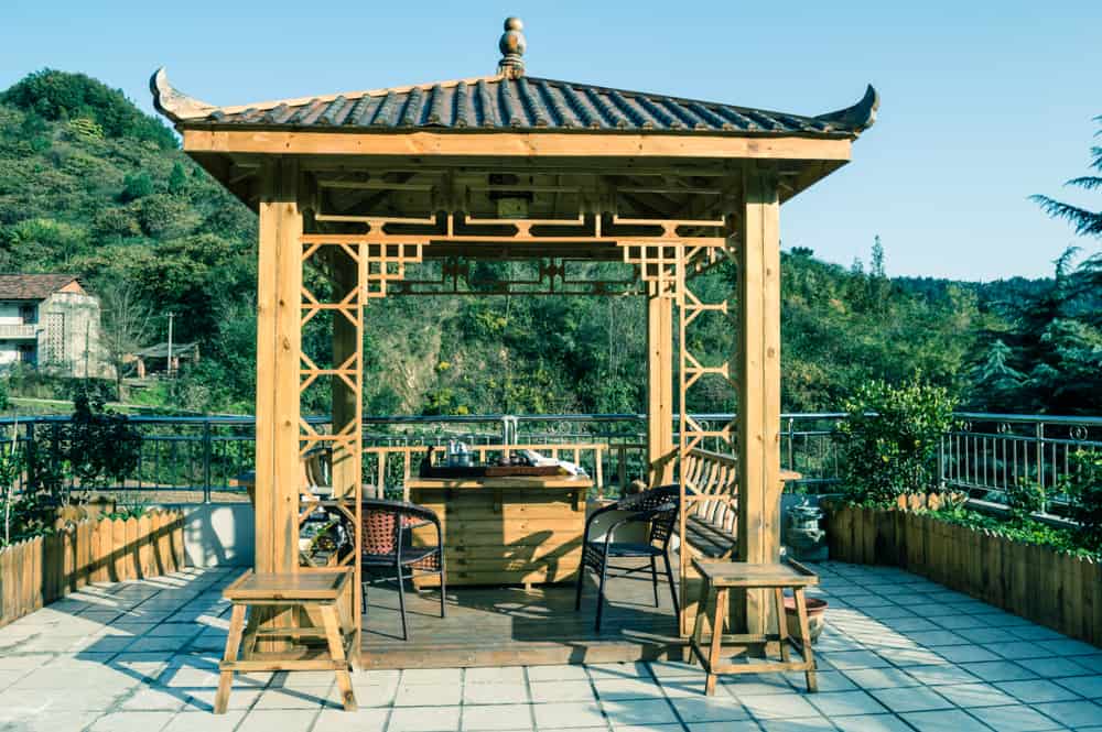 chinese-style wooden gazebo for a tea ceremony