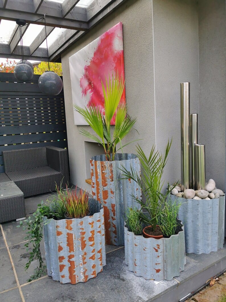 Reclaimed corrugated steel roof planter