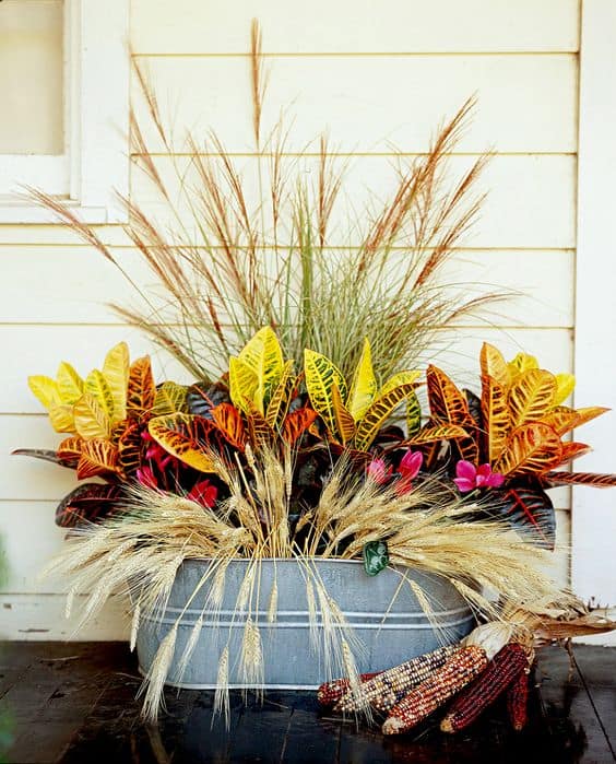 galvanized metal tub into an autumn container