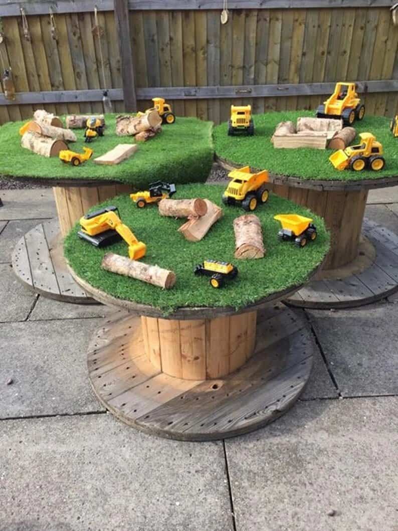 Best Kids Patio Furniture to Get Them Outdoors 11 wooden cable drum reel with artificial grass top
