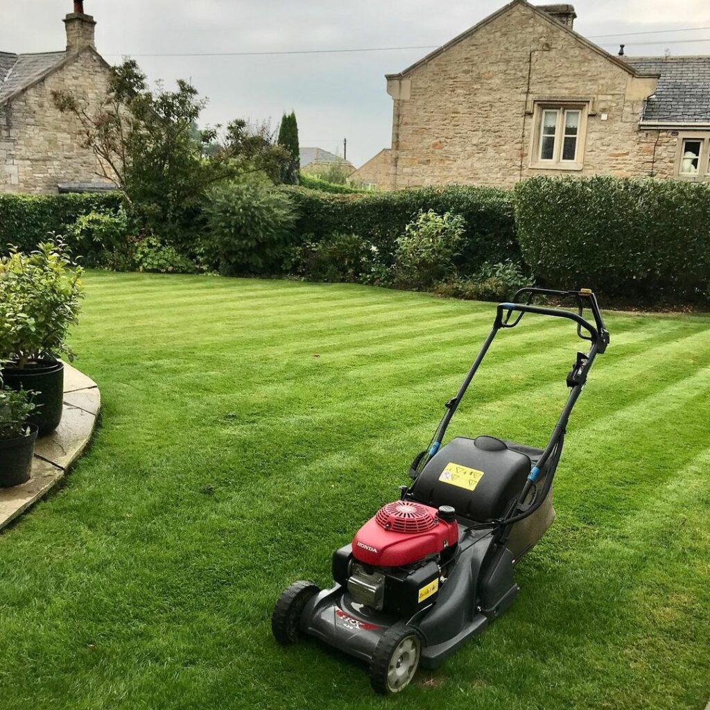 lawn mower on a stripped lawn